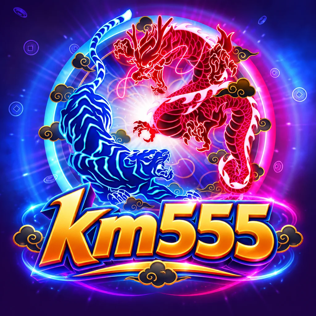 km555 Dragon Tiger Luck menampilkan pertarungan naga merah dan harimau biru berbalut efek neon