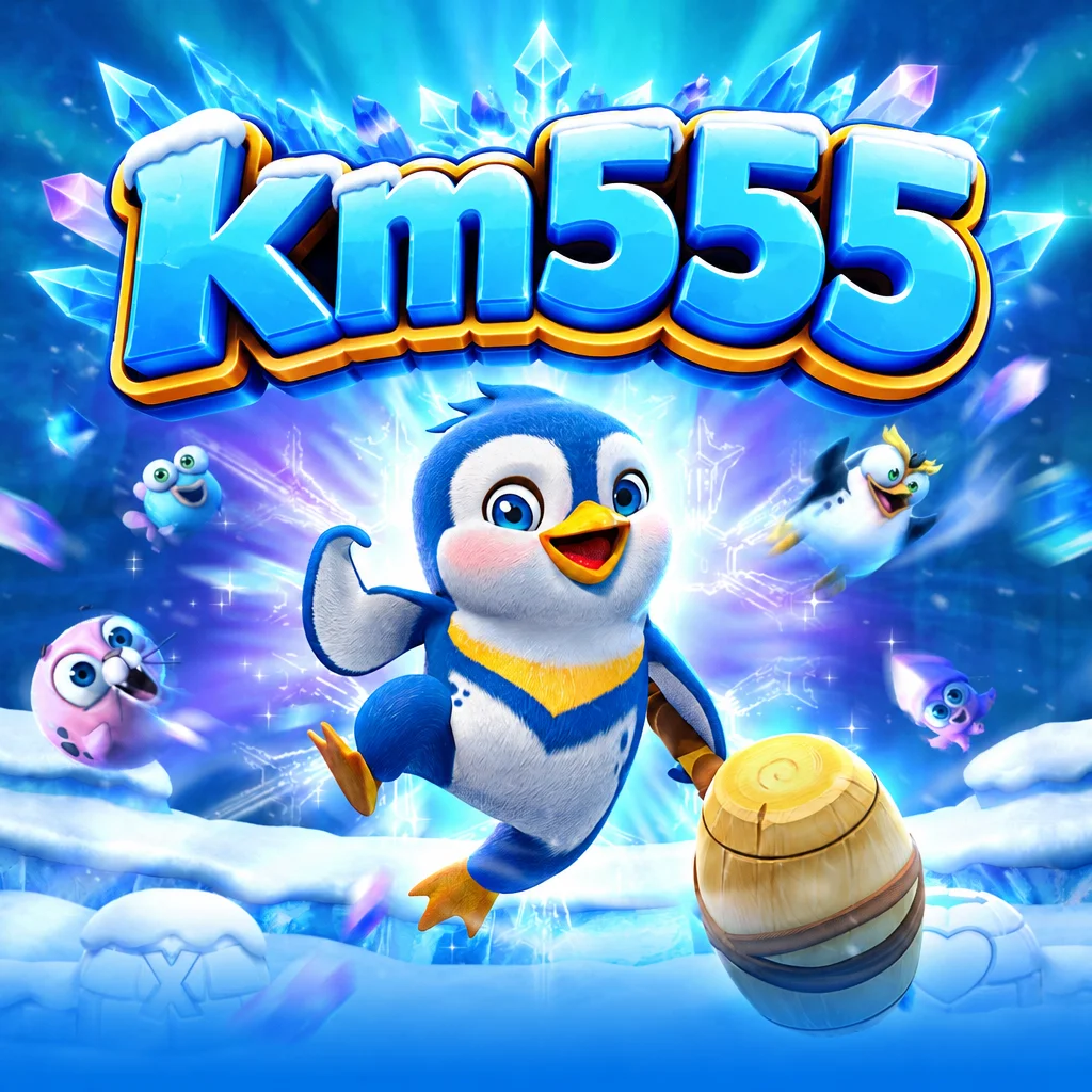 km555 The Great Icescape menampilkan karakter pinguin kecil dengan palu kayu di lanskap es kutub
